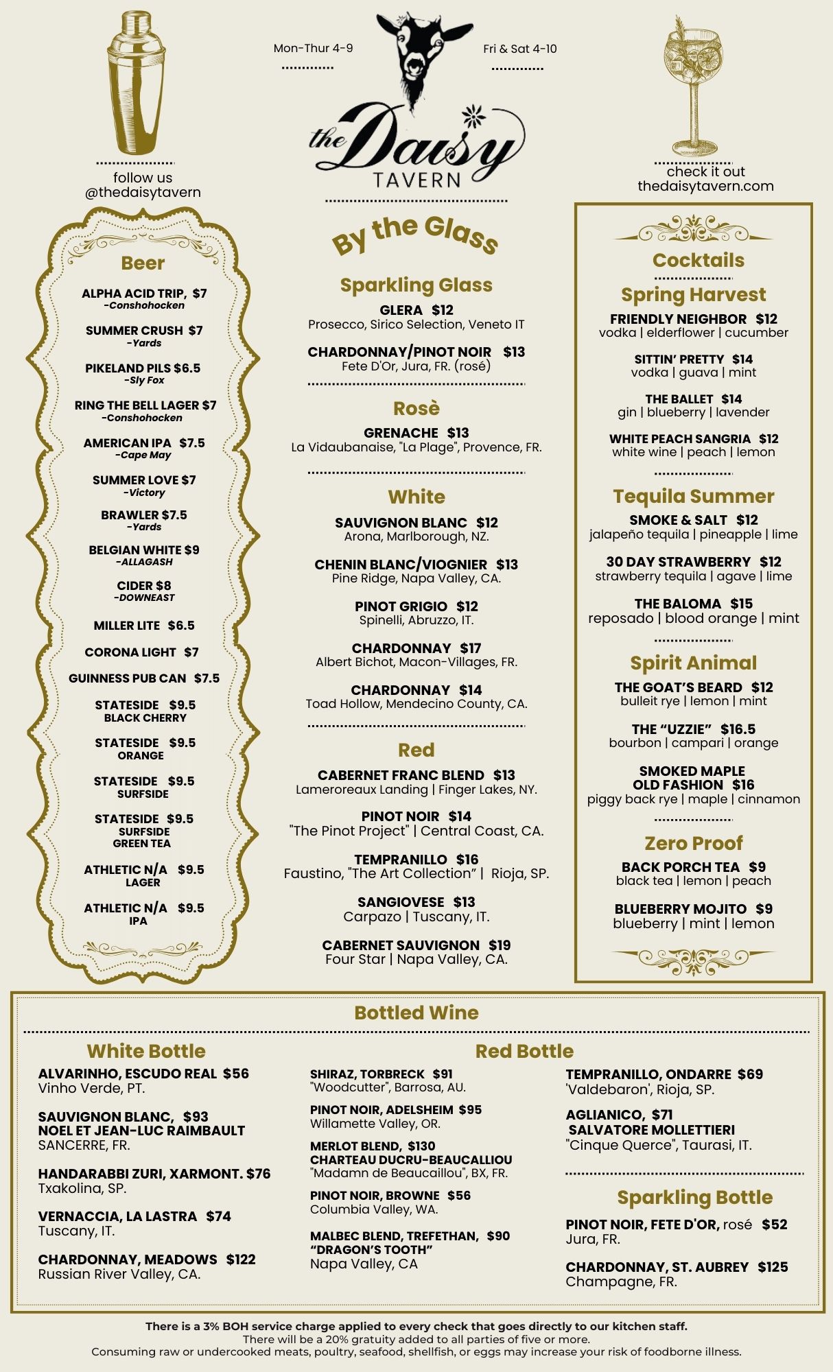 Menus The Daisy Tavern in Conshohocken, PA